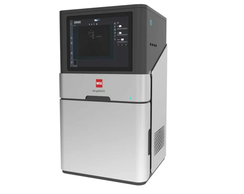 Professional WIX-gelPHOTO gel imaging system displaying DNA agarose gel electrophoresis results.