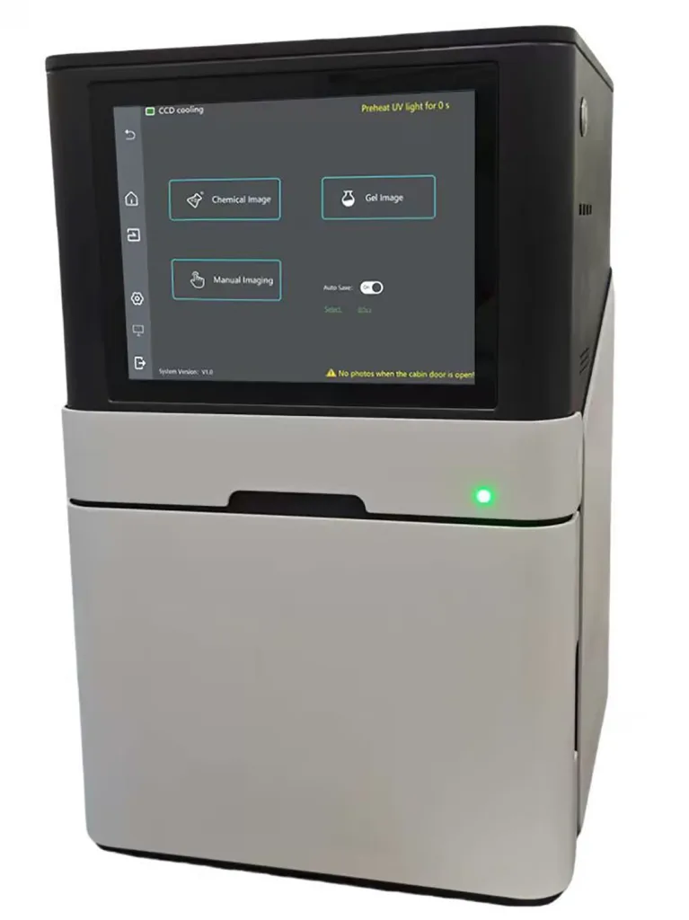 Touchscreen interface of WIX-multiPHOTO gel doc system showing chemical and gel imaging modes