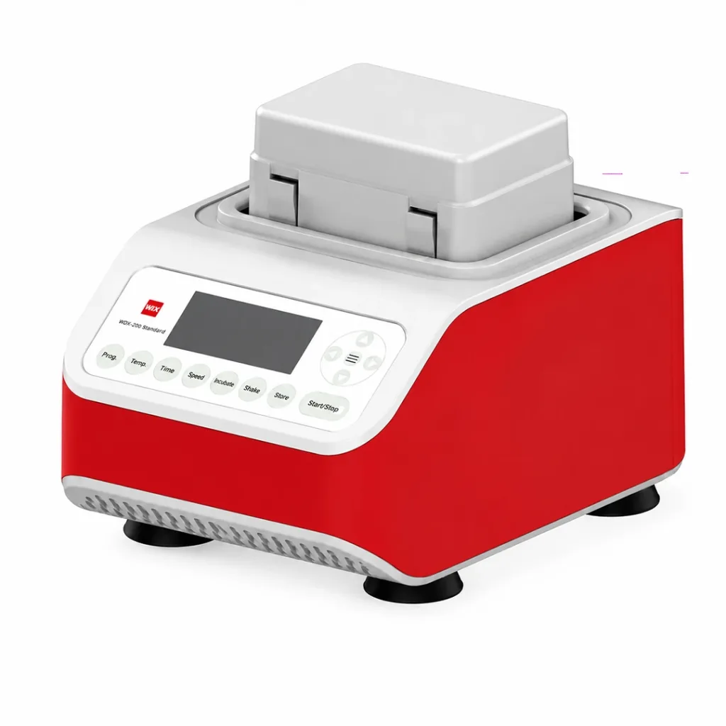 Compact benchtop thermo shaker with heating block for laboratory sample temperature control and mixing