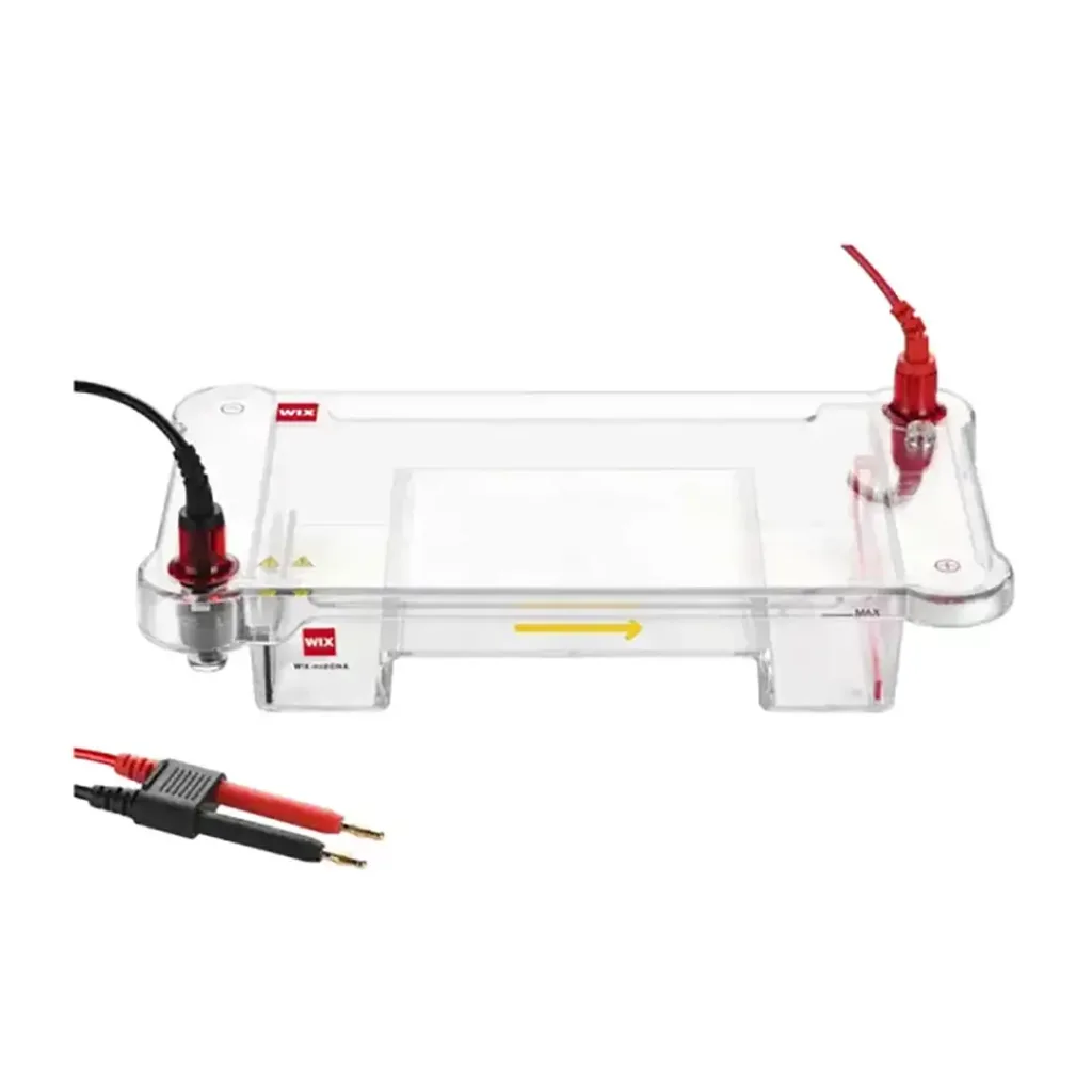 wix minidna horizontal electrophoresis cell with transparent gel chamber and red and black electrode connections