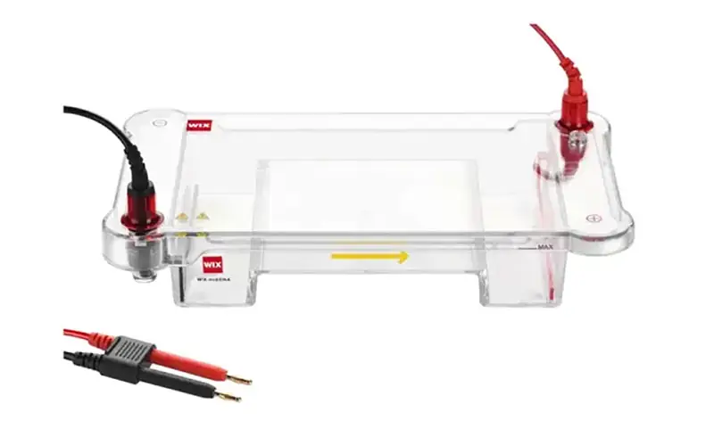 wix minidna horizontal gel electrophoresis apparatus with clear buffer tank and color coded electrode leads